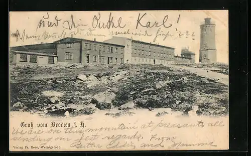 AK Brocken i. H., Gasthaus und Wetterwarte auf dem Berggipfel