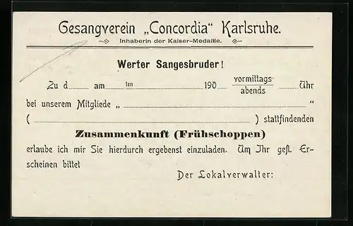 AK Karlsruhe i. B., Gesangerein Concordia, Einladungskarte zum Ausfüllen