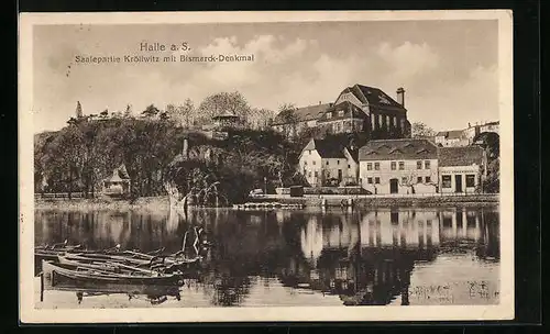 AK Halle a. S., Saalepartie Kröllwitz mit dem Bismarck-Denkmal