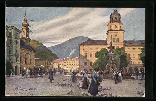 Künstler-AK Hans Götzinger: Salzburg, Residenzplatz mit Glockenspiel