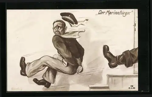 Künstler-AK K. Blossfeld: Der Marineflieger, Matrose wird mit einem Fusstritt die Treppe hinunter gestossen