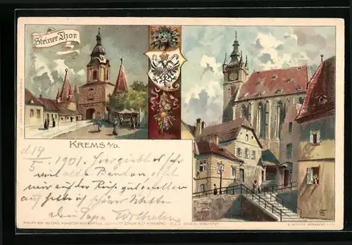 Künstler-AK Ludwig Hans Fischer: Krems a. D., Steiner Thor, Kirche, Wappen