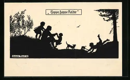 Künstler-AK Elsbeth Forck: Schattenriss, Hoppe, hoppe Reiter, Vater spielt mit seinen Kindern