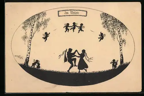 Künstler-AK Elsbeth Forck: Schattenbild, Im Maien, Paar tanzt von Elfen umgeben auf einer Wiese