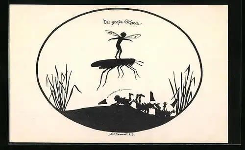 Künstler-AK Elsbeth Forck: Schattenbild, Der grosse Schreck, Elfe fliegt auf einem Grashüpfer, Zwerge fallen zu Boden
