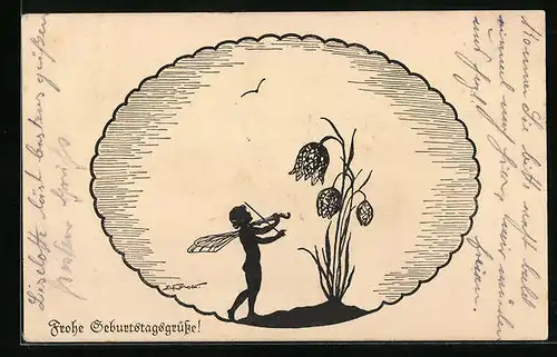 Künstler-AK Elsbeth Forck: Schattenbild, Elfe spielt einer Tulpe ein Ständchen auf der Geige, Frohe Geburtstagsgrüsse