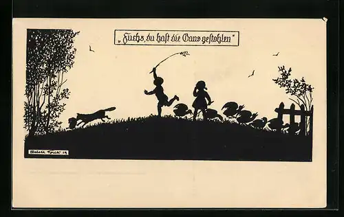 Künstler-AK Elsbeth Forck: Schattenbild, Fuchs, du hast die Gans gestohlen, Kinder verfolgen einen Fuchs