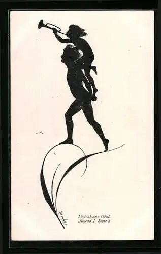 Künstler-AK Diefenbach: Schattenbild, Göttl. Jugend I. Blatt 8, Buben mit Trompete