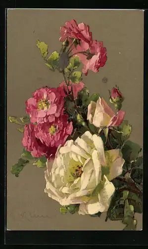 Künstler-AK Catharina Klein: Weisse und rosafarbene Blumen