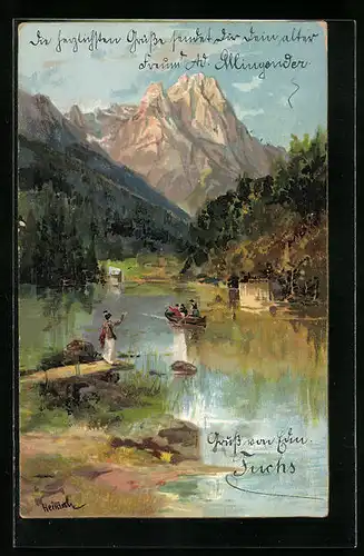 Künstler-AK Karl Heinisch: Uferpartie mit Bergen