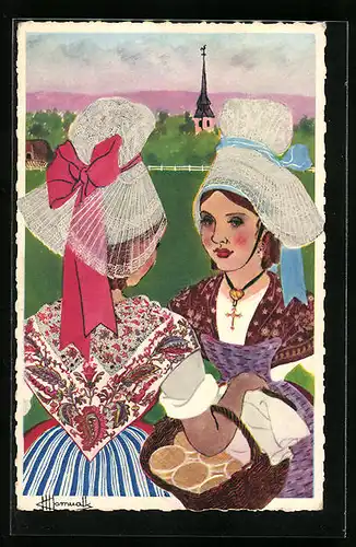 Künstler-AK Charles Homualk: La Normandie, Coiffes et Mouchoirs