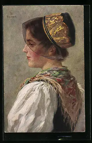 Künstler-AK Wilhelm Hasemann: Mühlenbach, Mühlenbacherin in Tracht