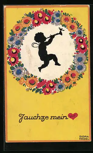 Künstler-AK Dora Heckel: Schattenbild, Jauchze mein, Elf mit Fanfare