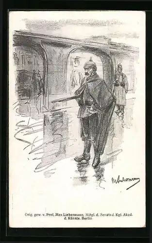 Künstler-AK Max Liebermann: Soldat mit Pickelhaube und Gewehr auf der Strasse