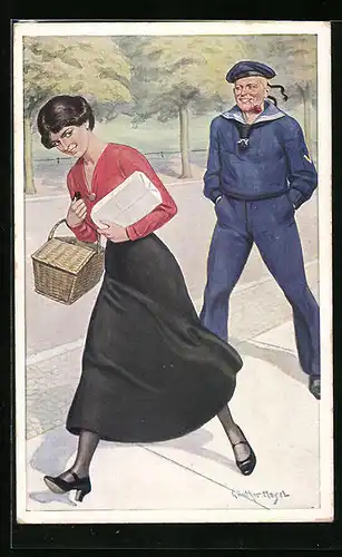 Künstler-AK Günther Nagel: Unsere Marineblauen, In Kiellinie, Frau mit Paket vor Matrosen