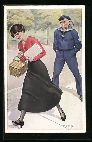 Künstler-AK Günther Nagel: Unsere Marineblauen, In Kiellinie, Frau mit Paket vor Matrosen