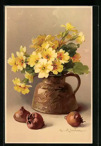 Künstler-AK Catharina Klein: Gelbe Blumen in einer Vase und Zweibeln
