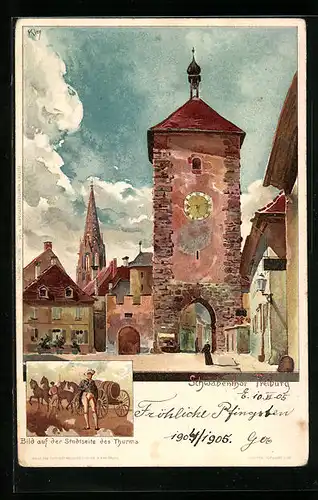 Künstler-AK Heinrich Kley: Freiburg, Schwabentor, Bild auf der Stadtseite des Turms 1905
