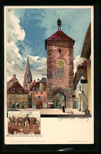 Künstler-AK Heinrich Kley: Freiburg, Schwabentor, Bild auf der Stadtseite des Turm