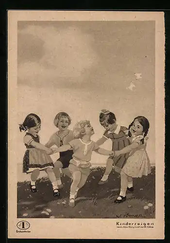 Künstler-AK W.I.: Kinder tanzen im Reigen, Reklame für Indanthren