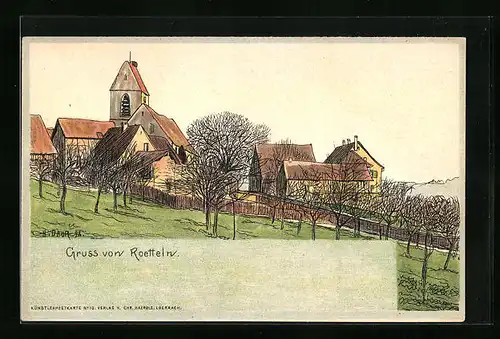 Künstler-AK Roetteln, Teilansicht mit Kirche