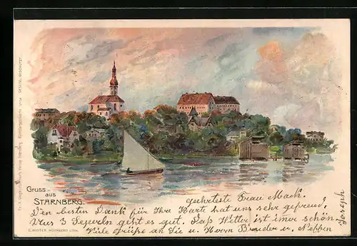 Lithographie Starnberg, Totale mit Kirche