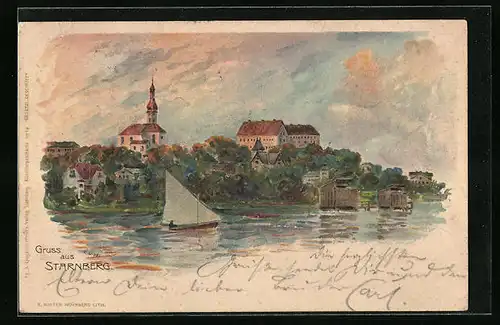 Lithographie Starnberg, Totale vom See aus gesehen