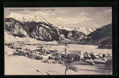 AK Hindelang i. Allgäu, Generalansicht im Schnee mit den Alpen