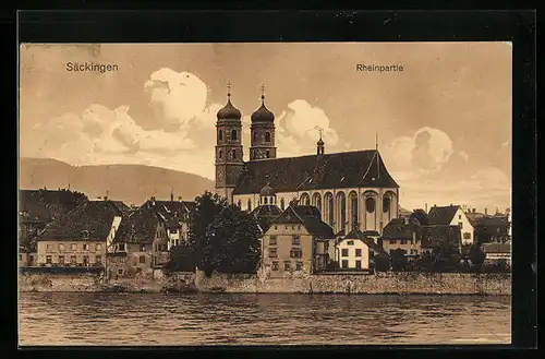 AK Säckingen, Rheinpartie mit Blick auf die Kirche