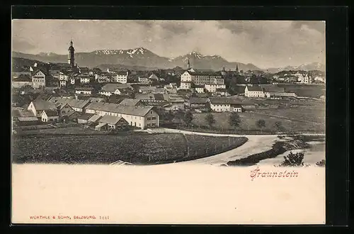 AK Traunstein, Blick vom Flussufer auf den Ort und die Berge