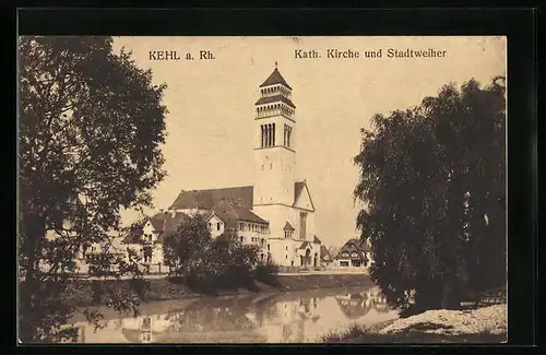 AK Kehl a. Rh., Kath. Kirche und Stadtweiher