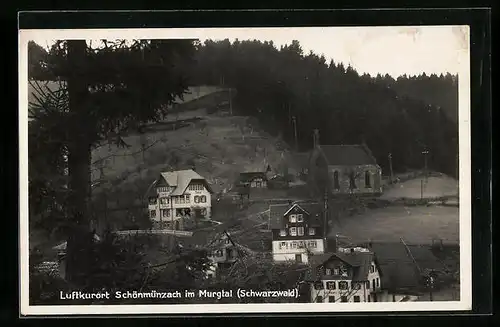 AK Schönmünzach / Schwarzwald, Teilansicht mit Café Bellevue und Kirche
