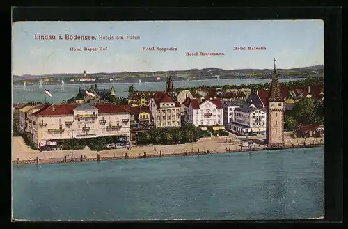 AK Lindau / Bodensee, Hotels Bayerischer Hof, Seegarten, Reutemann, Helvetia am Hafen