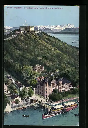 AK Berg / Starnberger See, Gesamtansicht mit Drahtseilbahn Leoni-Rottmannshöhe