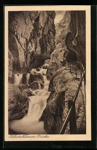 AK Partie mit Wasserfall an der Höllentalklamm-Brücke