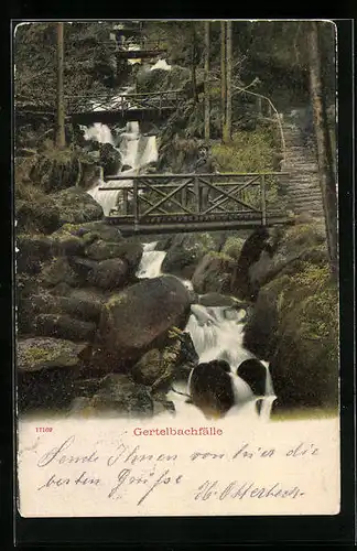 AK Gertelbachfälle, Wanderer auf einer der vielen Holzbrücken