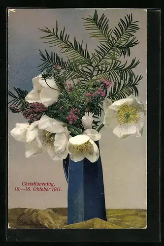 Künstler-AK Photochromie: Blumen in blauer Vase, Christianentag 1911