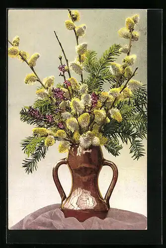 Künstler-AK Photochromie Nr. 629: Blumen und Tannenzweige in einer Vase