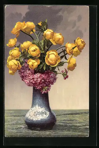 Künstler-AK Photochromie Nr. 728: gelbe und rosa blühende Blumen in einer Vase
