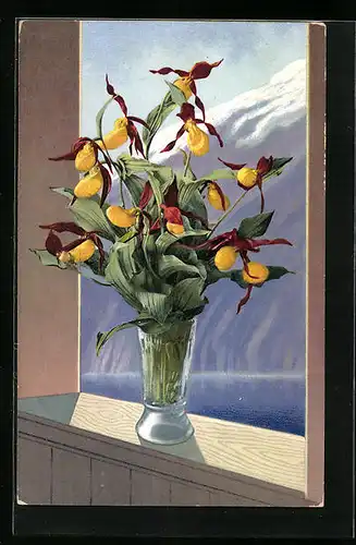 Künstler-AK Photochromie Nr. 880: Alpenblumen in einer Kristallvase