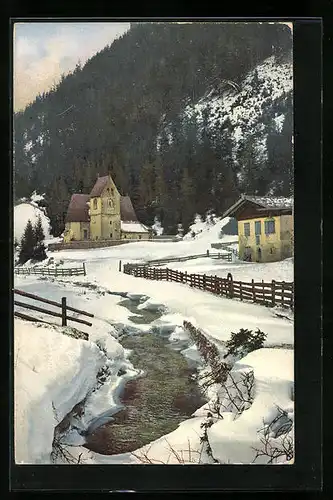 Künstler-AK Photochromie Nr. 1813: Winteridylle mit Kirche und Berg