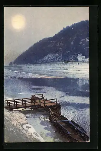 Künstler-AK Photochromie Nr. 4585: Kanu am Steg, Winterlandschaft