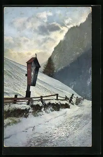 Künstler-AK Photochromie: Winteridylle am Flurkreuz