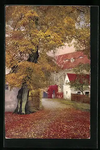 Künstler-AK Photochromie Nr. 4710: Hofeinfahrt in Herbststimmung