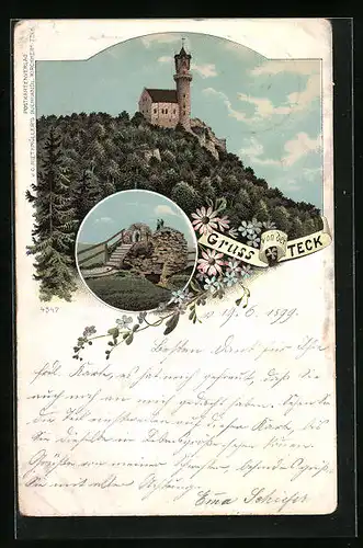 Lithographie Teck, Blick zur Burg