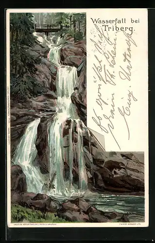 Lithographie Triberg, Partie am Wasserfall