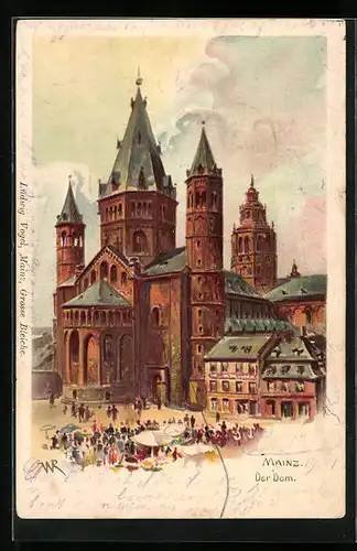 Lithographie Mainz, Blick zum Dom