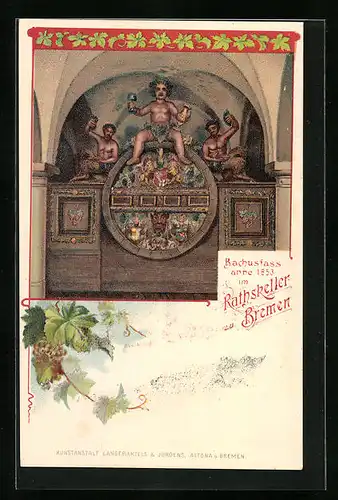 Lithographie Bremen, Bachusfass anno 1653 im Rathskeller