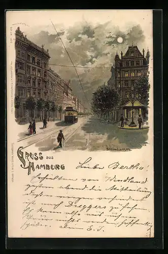 Lithographie Hamburg-St.Georg, Strassenbahn am Steindamm