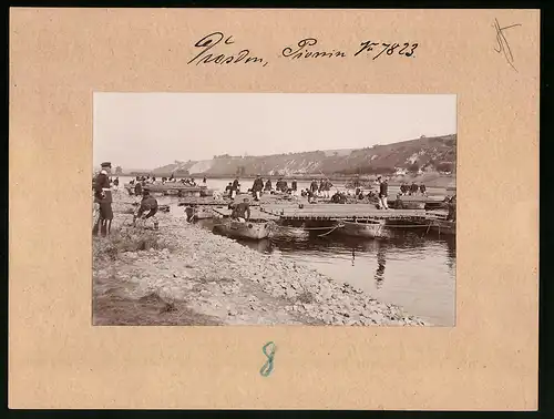 Fotografie Brück & Sohn Meissen, Ansicht Karpfenschänke, 1. Pionier-Bataillon Nr. 12 - Kriegsmässiger Brückenschlag